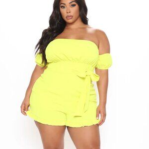 Fashion Nova Brunch Days Romper | Size 1X | NWT | Yellow | Off-Shoulder